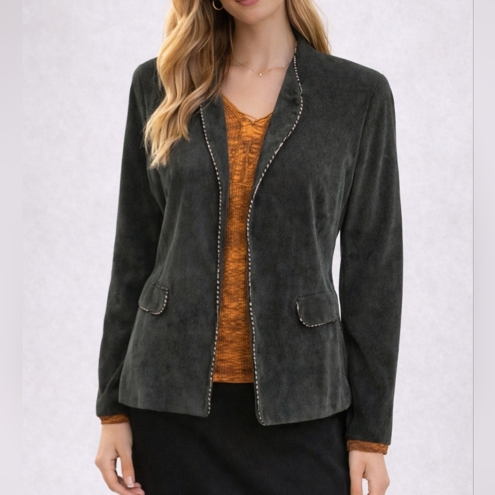 VTG R&K Forest Green Wavy Trim Open Front Petite Blazer 14